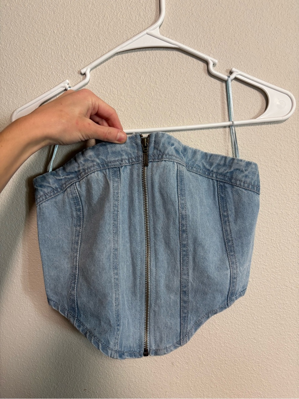 Light Blue Denim Strapless Corset Crop Top with Front Zip